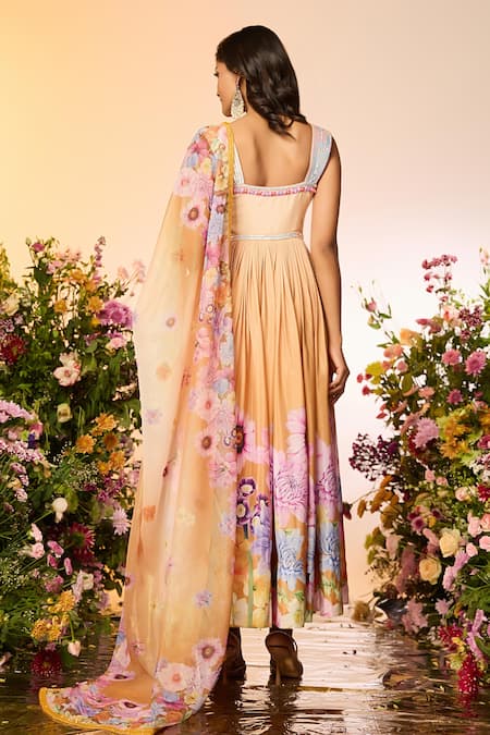 Shop Label Priyanka Kar Peach Chiffon Beads Round Neck Floral Printed Anarkali Set at Aza Fashions Shop_Label Priyanka Kar_Peach Chiffon Beads Round Neck Floral Printed Anarkali Set _at_Aza_Fashions