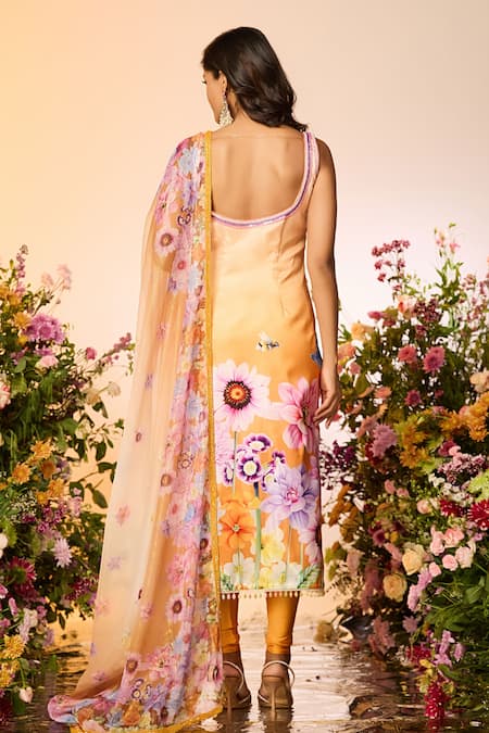 Shop Label Priyanka Kar Yellow Crepe Beads Scoop Neck Floral Embellished Ochre Kurta Set at Aza Fashions Shop_Label Priyanka Kar_Yellow Crepe Beads Scoop Neck Floral Embellished Ochre Kurta Set _at_Aza_Fashions