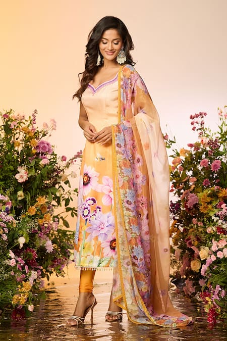 Shop Label Priyanka Kar Yellow Crepe Beads Scoop Neck Floral Embellished Ochre Kurta Set Online at Aza Fashions Shop_Label Priyanka Kar_Yellow Crepe Beads Scoop Neck Floral Embellished Ochre Kurta Set _Online_at_Aza_Fashions