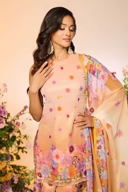 Label Priyanka Kar_Yellow Silk, Chiffon, Chanderi Crystals, Beads Floral Embellished Sharara Set _Online_at_Aza_Fashions