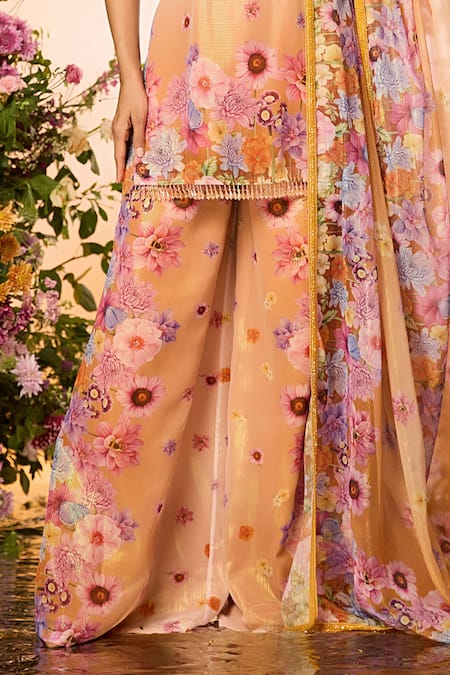 Buy_Label Priyanka Kar_Yellow Silk, Chiffon, Chanderi Crystals, Beads Floral Embellished Sharara Set _Online_at_Aza_Fashions
