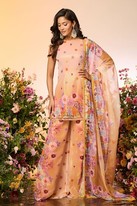 Shop_Label Priyanka Kar_Yellow Silk, Chiffon, Chanderi Crystals, Beads Floral Embellished Sharara Set _Online_at_Aza_Fashions