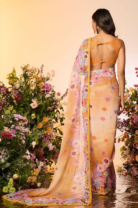 Shop Label Priyanka Kar Yellow Silk Crystals, Beads Round Neck Floral Embellished Predrape Saree Set at Aza Fashions Shop_Label Priyanka Kar_Yellow Silk Crystals, Beads Round Neck Floral Embellished Predrape Saree Set _at_Aza_Fashions