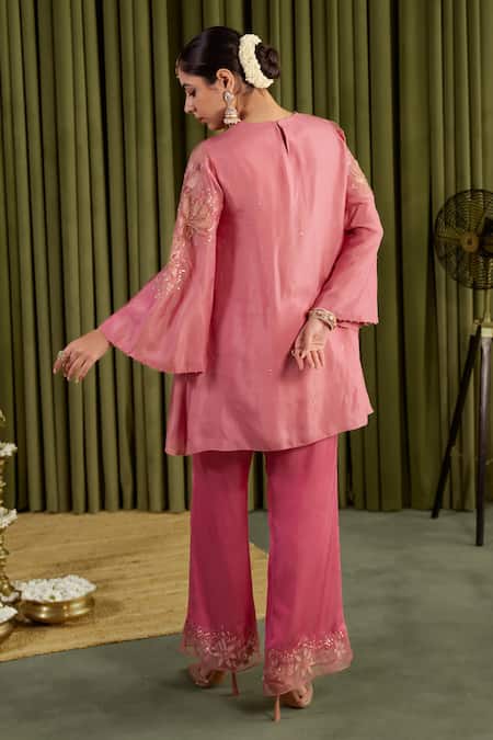 Shop One Not Two Rose Gold Silk, Satin Embroidery, Beads, Sequins Round Floral Kurta And Pant Set at Aza Fashions Shop_One Not Two_Rose Gold Silk, Satin Embroidery, Beads, Sequins Round Floral Kurta And Pant Set _at_Aza_Fashions
