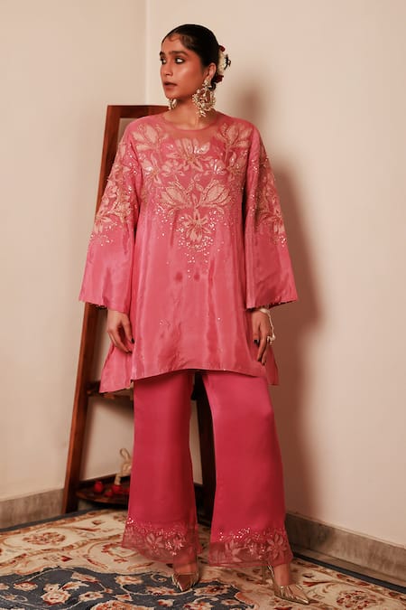Buy One Not Two Rose Gold Silk, Satin Embroidery, Beads, Sequins Round Floral Kurta And Pant Set Online at Aza Fashions Buy_One Not Two_Rose Gold Silk, Satin Embroidery, Beads, Sequins Round Floral Kurta And Pant Set _Online_at_Aza_Fashions
