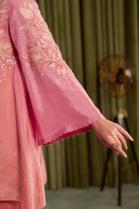 Shop One Not Two Rose Gold Silk, Satin Embroidery, Beads, Sequins Round Floral Kurta And Pant Set Online at Aza Fashions Shop_One Not Two_Rose Gold Silk, Satin Embroidery, Beads, Sequins Round Floral Kurta And Pant Set _Online_at_Aza_Fashions