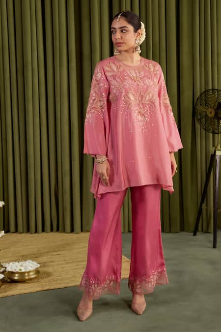 One Not Two Rose Gold Silk, Satin Embroidery, Beads, Sequins Round Floral Kurta And Pant Set at Aza Fashions One Not Two_Rose Gold Silk, Satin Embroidery, Beads, Sequins Round Floral Kurta And Pant Set _at_Aza_Fashions