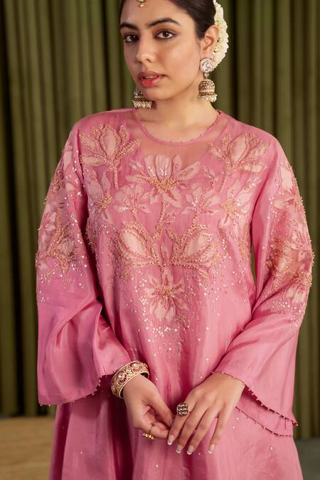 Buy One Not Two Rose Gold Silk, Satin Embroidery, Beads, Sequins Round Floral Kurta And Pant Set Buy_One Not Two_Rose Gold Silk, Satin Embroidery, Beads, Sequins Round Floral Kurta And Pant Set