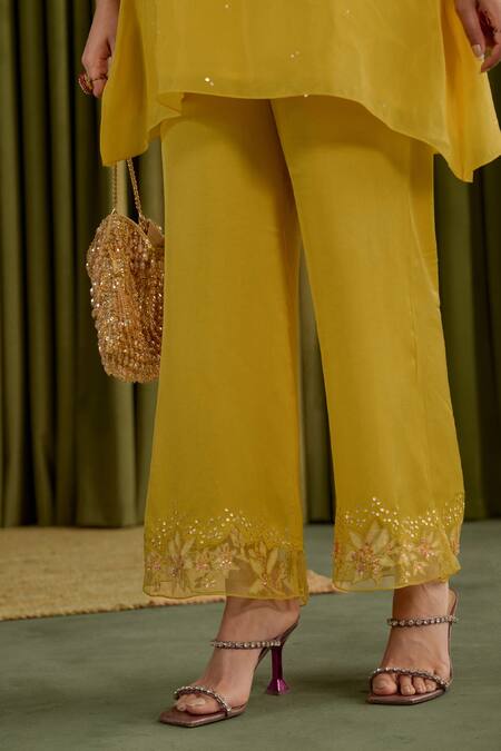 One Not Two Yellow Silk, Satin Embroidery Round Neck Magnolia Kurta Set Online at Aza Fashions One Not Two_Yellow Silk, Satin Embroidery Round Neck Magnolia Kurta Set _Online_at_Aza_Fashions