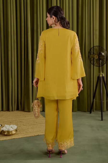 Shop One Not Two Yellow Silk, Satin Embroidery Round Neck Magnolia Kurta Set at Aza Fashions Shop_One Not Two_Yellow Silk, Satin Embroidery Round Neck Magnolia Kurta Set _at_Aza_Fashions