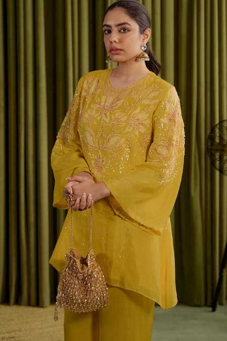 Buy One Not Two Yellow Silk, Satin Embroidery Round Neck Magnolia Kurta Set Online at Aza Fashions Buy_One Not Two_Yellow Silk, Satin Embroidery Round Neck Magnolia Kurta Set _Online_at_Aza_Fashions