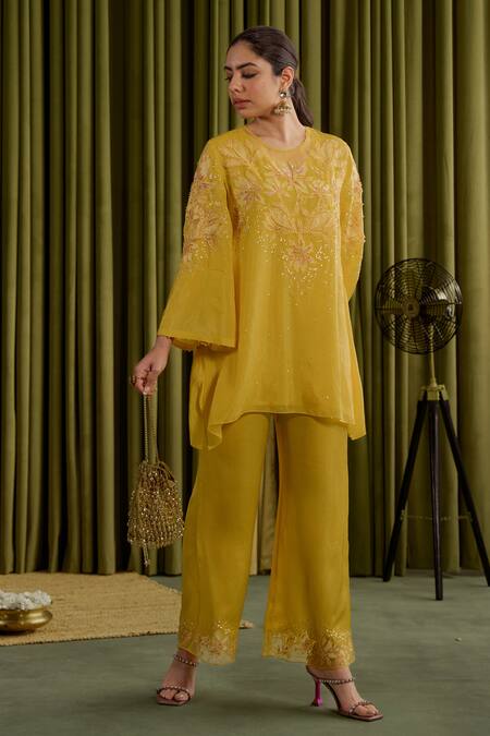 Shop One Not Two Yellow Silk, Satin Embroidery Round Neck Magnolia Kurta Set Online at Aza Fashions Shop_One Not Two_Yellow Silk, Satin Embroidery Round Neck Magnolia Kurta Set _Online_at_Aza_Fashions
