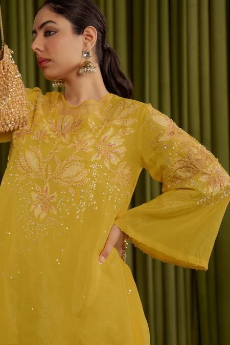 One Not Two Yellow Silk, Satin Embroidery Round Neck Magnolia Kurta Set at Aza Fashions One Not Two_Yellow Silk, Satin Embroidery Round Neck Magnolia Kurta Set _at_Aza_Fashions