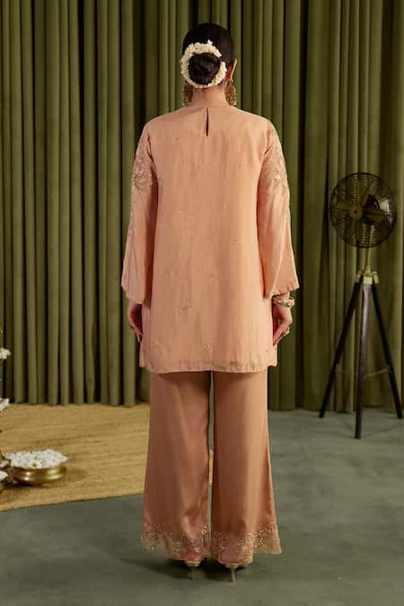 Shop One Not Two Beige Silk, Satin Crystals, Sequins, Beads Round Embroidered Kurta And Pant Set at Aza Fashions Shop_One Not Two_Beige Silk, Satin Crystals, Sequins, Beads Round Embroidered Kurta And Pant Set _at_Aza_Fashions
