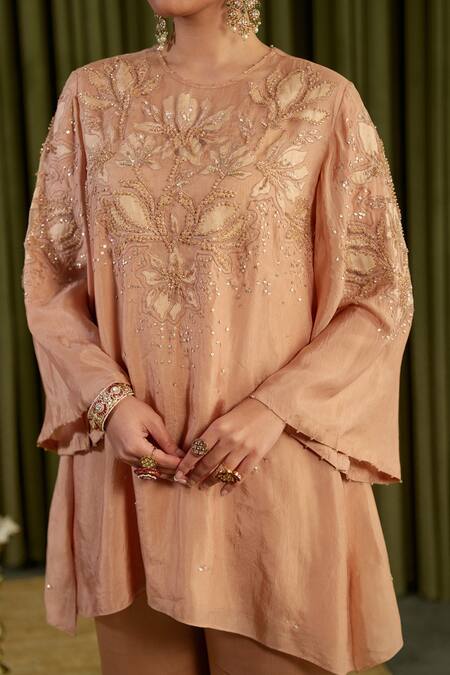 Shop One Not Two Beige Silk, Satin Crystals, Sequins, Beads Round Embroidered Kurta And Pant Set Online at Aza Fashions Shop_One Not Two_Beige Silk, Satin Crystals, Sequins, Beads Round Embroidered Kurta And Pant Set _Online_at_Aza_Fashions