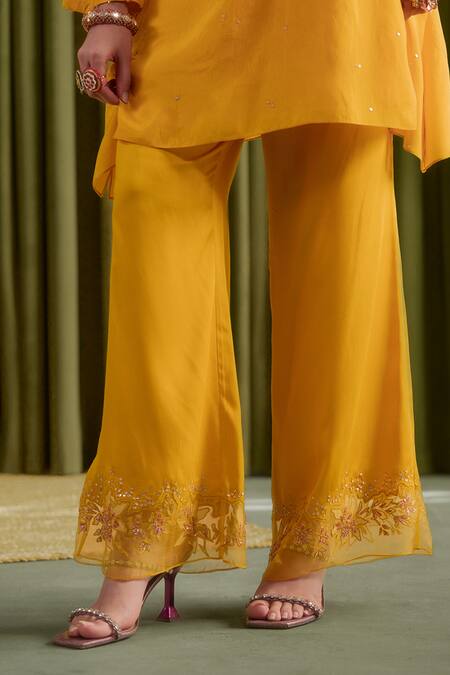 One Not Two Yellow Silk, Satin Embroidery, Beads, Sequins Round Co-ord Set With Bell Bottoms Online at Aza Fashions One Not Two_Yellow Silk, Satin Embroidery, Beads, Sequins Round Co-ord Set With Bell Bottoms _Online_at_Aza_Fashions