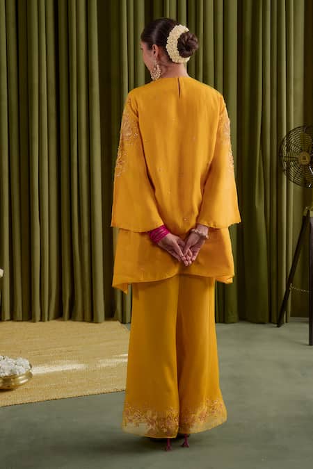 Shop One Not Two Yellow Silk, Satin Embroidery, Beads, Sequins Round Co-ord Set With Bell Bottoms at Aza Fashions Shop_One Not Two_Yellow Silk, Satin Embroidery, Beads, Sequins Round Co-ord Set With Bell Bottoms _at_Aza_Fashions