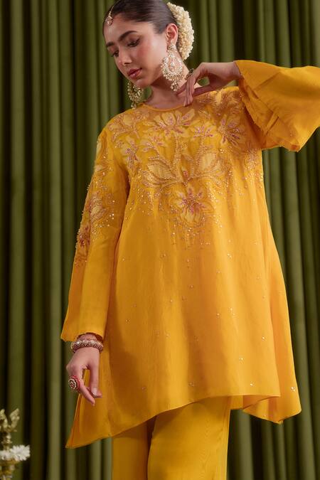 Buy One Not Two Yellow Silk, Satin Embroidery, Beads, Sequins Round Co-ord Set With Bell Bottoms Online at Aza Fashions Buy_One Not Two_Yellow Silk, Satin Embroidery, Beads, Sequins Round Co-ord Set With Bell Bottoms _Online_at_Aza_Fashions