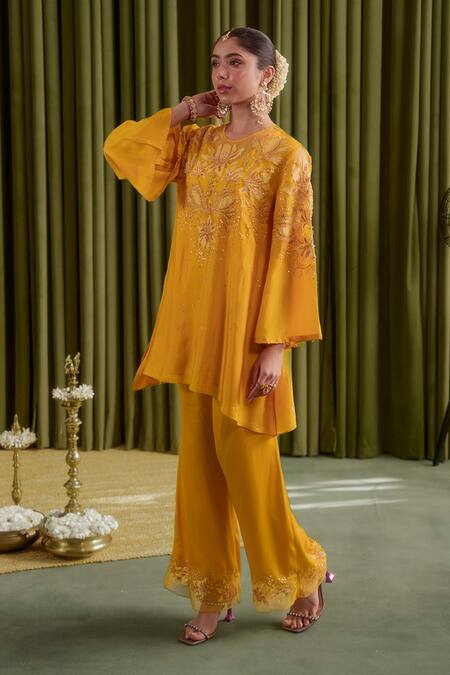 Shop One Not Two Yellow Silk, Satin Embroidery, Beads, Sequins Round Co-ord Set With Bell Bottoms Online at Aza Fashions Shop_One Not Two_Yellow Silk, Satin Embroidery, Beads, Sequins Round Co-ord Set With Bell Bottoms _Online_at_Aza_Fashions