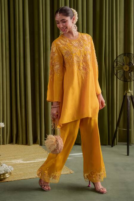 One Not Two Yellow Silk, Satin Embroidery, Beads, Sequins Round Co-ord Set With Bell Bottoms at Aza Fashions One Not Two_Yellow Silk, Satin Embroidery, Beads, Sequins Round Co-ord Set With Bell Bottoms _at_Aza_Fashions