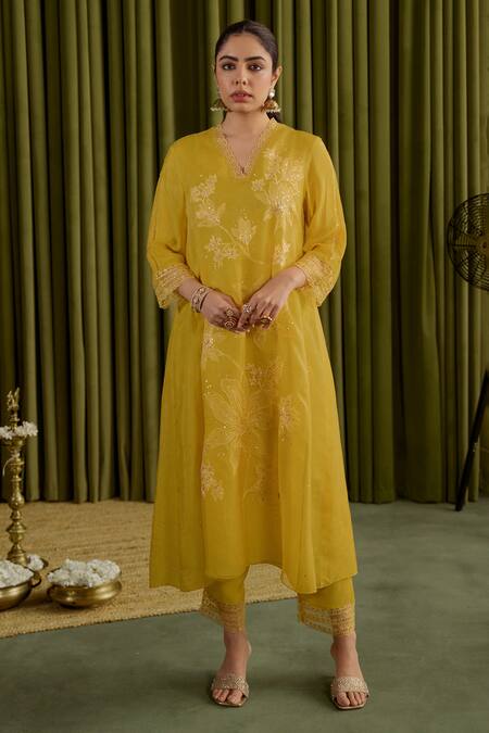 One Not Two Yellow Viscose, Organza, Satin Crystals, Floral Embroidered Mango Kurta Set Online at Aza Fashions One Not Two_Yellow Viscose, Organza, Satin Crystals, Floral Embroidered Mango Kurta Set _Online_at_Aza_Fashions
