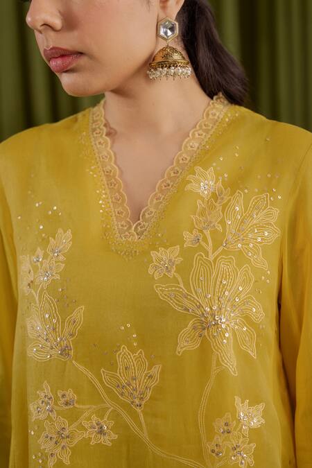 Buy One Not Two Yellow Viscose, Organza, Satin Crystals, Floral Embroidered Mango Kurta Set Online at Aza Fashions Buy_One Not Two_Yellow Viscose, Organza, Satin Crystals, Floral Embroidered Mango Kurta Set _Online_at_Aza_Fashions