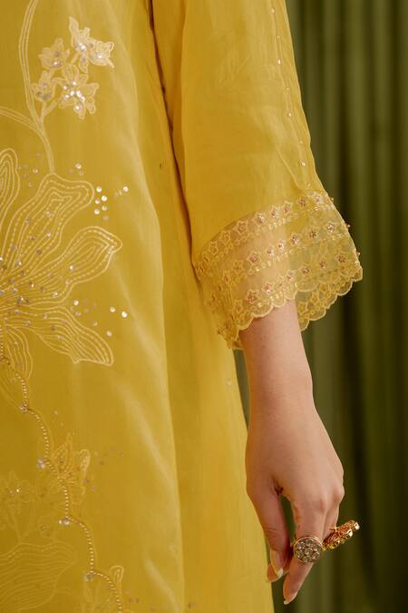 Shop One Not Two Yellow Viscose, Organza, Satin Crystals, Floral Embroidered Mango Kurta Set Online at Aza Fashions Shop_One Not Two_Yellow Viscose, Organza, Satin Crystals, Floral Embroidered Mango Kurta Set _Online_at_Aza_Fashions
