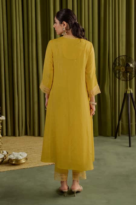 Shop One Not Two Yellow Viscose, Organza, Satin Crystals, Floral Embroidered Mango Kurta Set at Aza Fashions Shop_One Not Two_Yellow Viscose, Organza, Satin Crystals, Floral Embroidered Mango Kurta Set _at_Aza_Fashions