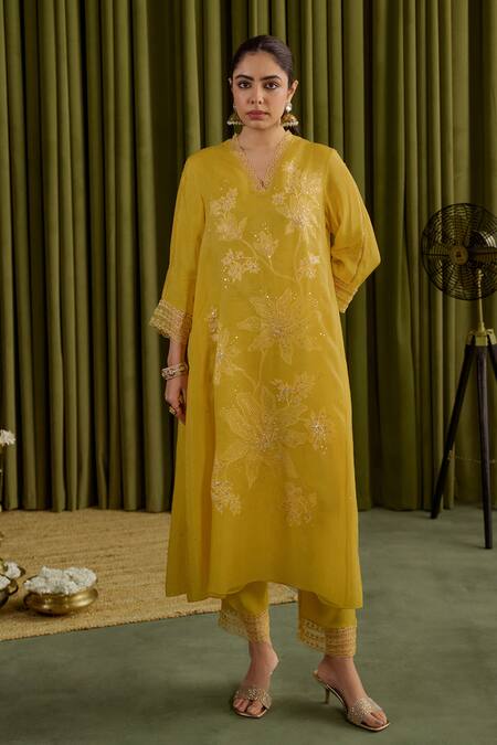 One Not Two Yellow Viscose, Organza, Satin Crystals, Floral Embroidered Mango Kurta Set at Aza Fashions One Not Two_Yellow Viscose, Organza, Satin Crystals, Floral Embroidered Mango Kurta Set _at_Aza_Fashions