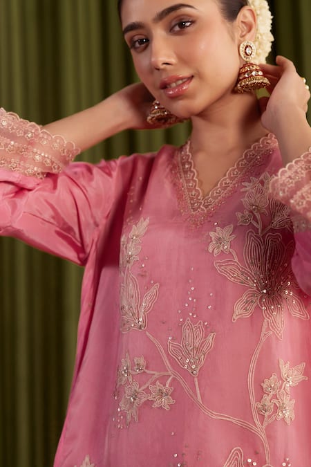 Buy One Not Two Pink Viscose, Organza, Satin Crystals, Sequins, Floral Embroidered Kurta Set Online at Aza Fashions Buy_One Not Two_Pink Viscose, Organza, Satin Crystals, Sequins, Floral Embroidered Kurta Set _Online_at_Aza_Fashions