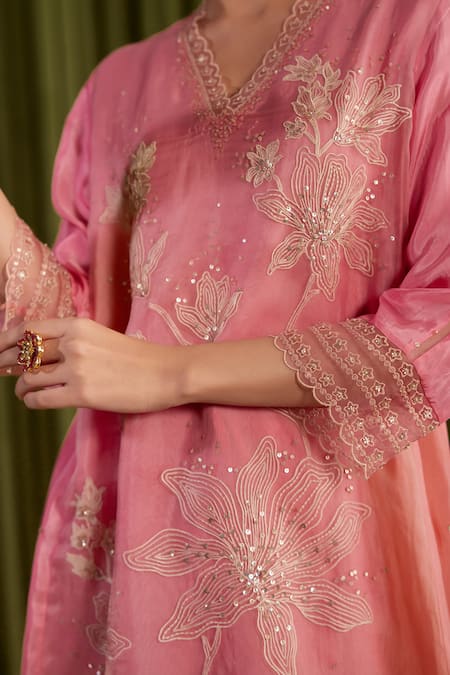 Buy One Not Two Pink Viscose, Organza, Satin Crystals, Sequins, Floral Embroidered Kurta Set Buy_One Not Two_Pink Viscose, Organza, Satin Crystals, Sequins, Floral Embroidered Kurta Set