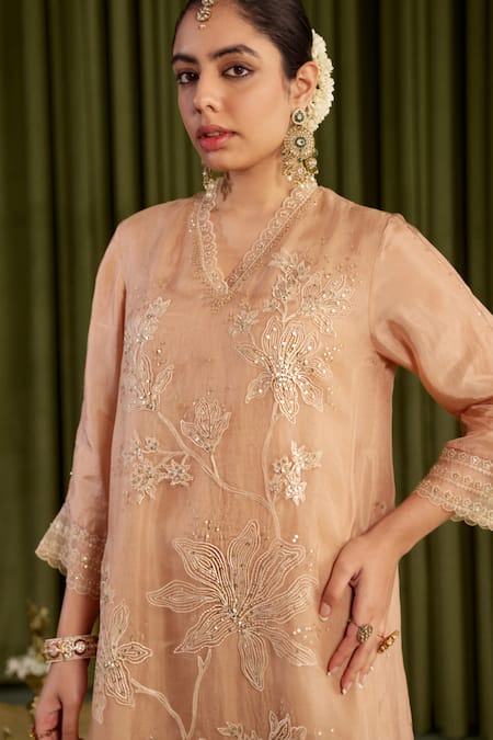 One Not Two_Beige Viscose, Organza, Satin, Cotton Sequins, Floral Embroidered Kurta Set _Online_at_Aza_Fashions
