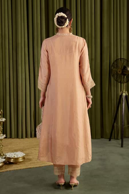 Shop_One Not Two_Beige Viscose, Organza, Satin, Cotton Sequins, Floral Embroidered Kurta Set _at_Aza_Fashions