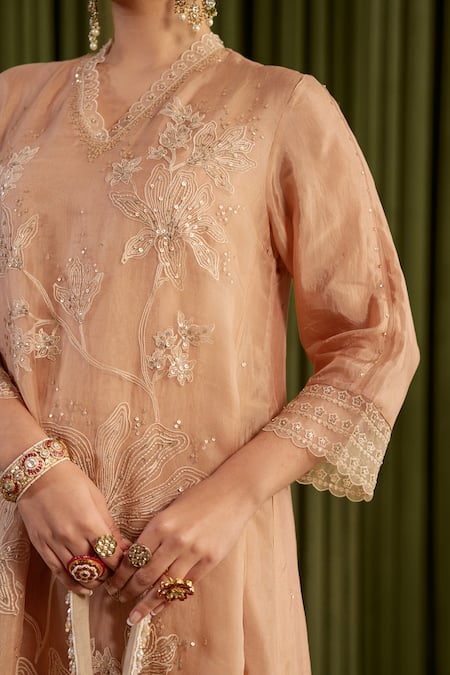 Buy_One Not Two_Beige Viscose, Organza, Satin, Cotton Sequins, Floral Embroidered Kurta Set _Online_at_Aza_Fashions