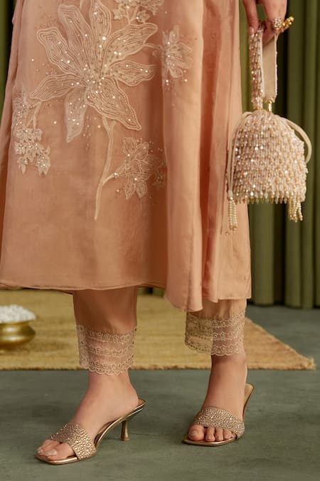 Shop_One Not Two_Beige Viscose, Organza, Satin, Cotton Sequins, Floral Embroidered Kurta Set _Online_at_Aza_Fashions