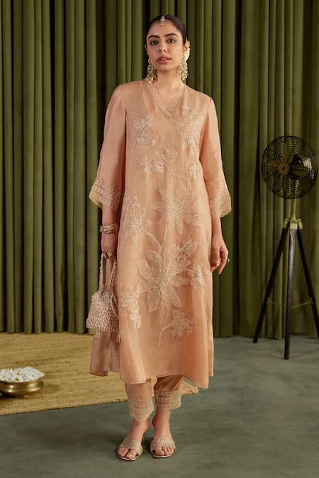 One Not Two_Beige Viscose, Organza, Satin, Cotton Sequins, Floral Embroidered Kurta Set _at_Aza_Fashions