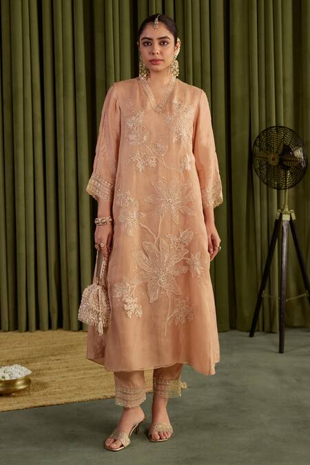 Buy_One Not Two_Beige Viscose, Organza, Satin, Cotton Sequins, Floral Embroidered Kurta Set 