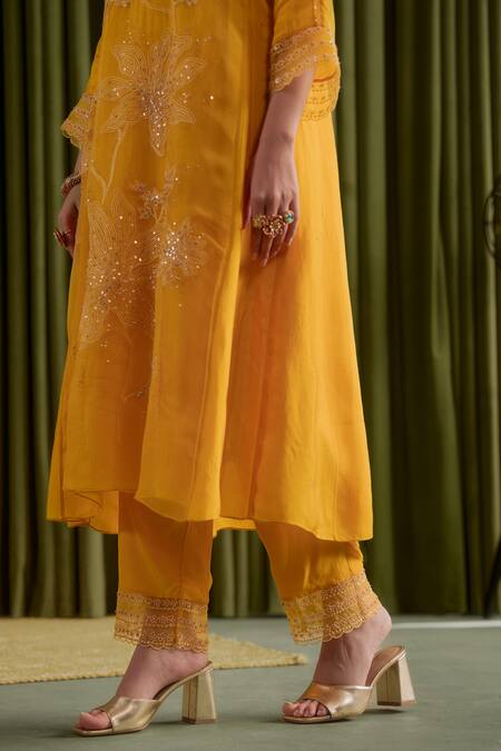 One Not Two_Yellow Viscose, Silk, Organza, Satin, Cotton Golden Floral Kurta Set _Online_at_Aza_Fashions