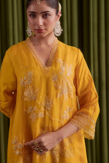 Buy_One Not Two_Yellow Viscose, Silk, Organza, Satin, Cotton Golden Floral Kurta Set _Online_at_Aza_Fashions