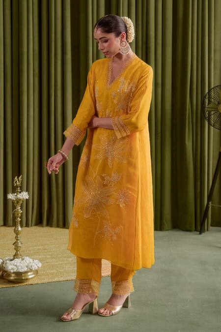 Shop_One Not Two_Yellow Viscose, Silk, Organza, Satin, Cotton Golden Floral Kurta Set _Online_at_Aza_Fashions