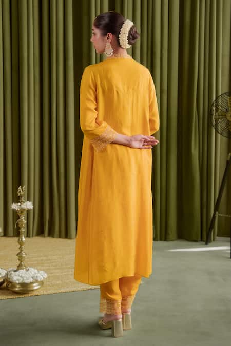 One Not Two Golden Yellow Floral Embroidered Kurta Set 