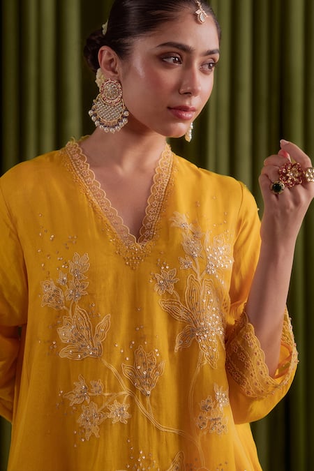 One Not Two_Yellow Viscose, Silk, Organza, Satin, Cotton Golden Floral Kurta Set _at_Aza_Fashions