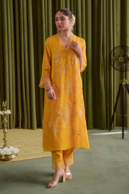 Buy_One Not Two_Yellow Viscose, Silk, Organza, Satin, Cotton Golden Floral Kurta Set 