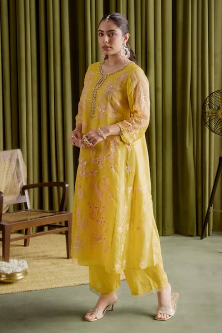 One Not Two_Yellow Viscose, Satin, Cotton Sequins, Floral Embroidered Mango Anarkali Set _Online_at_Aza_Fashions