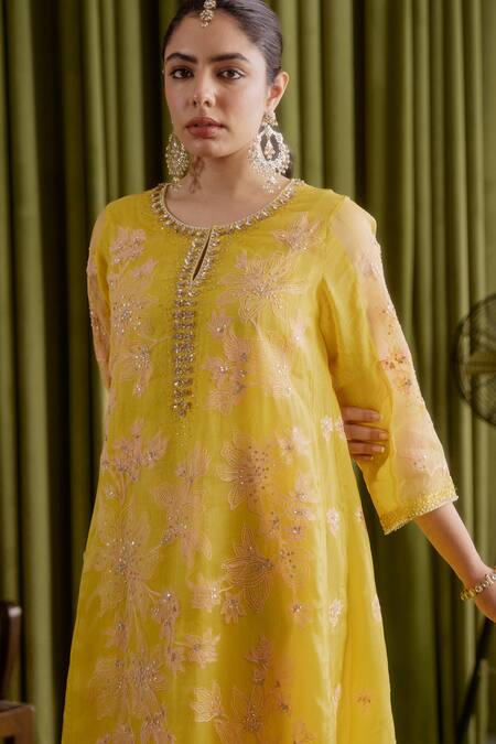 Buy_One Not Two_Yellow Viscose, Satin, Cotton Sequins, Floral Embroidered Mango Anarkali Set _Online_at_Aza_Fashions