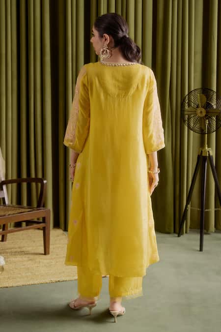 Shop_One Not Two_Yellow Viscose, Satin, Cotton Sequins, Floral Embroidered Mango Anarkali Set _at_Aza_Fashions