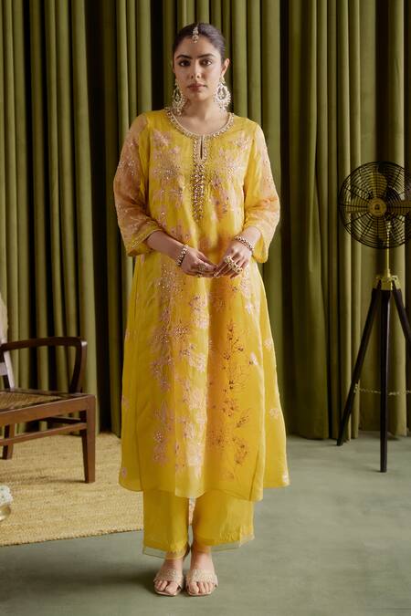 Shop_One Not Two_Yellow Viscose, Satin, Cotton Sequins, Floral Embroidered Mango Anarkali Set _Online_at_Aza_Fashions
