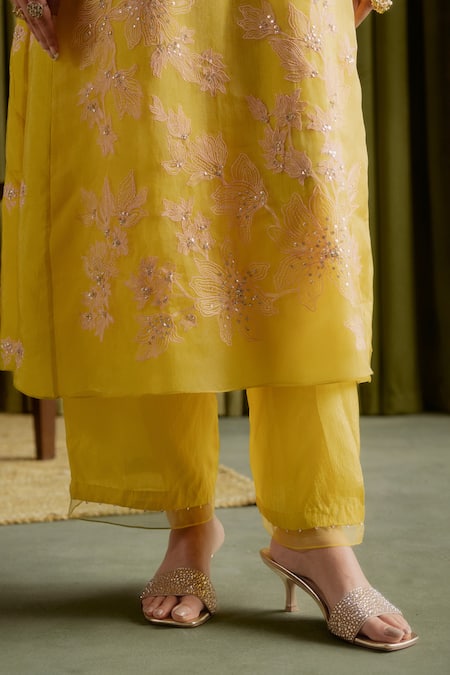 One Not Two_Yellow Viscose, Satin, Cotton Sequins, Floral Embroidered Mango Anarkali Set _at_Aza_Fashions