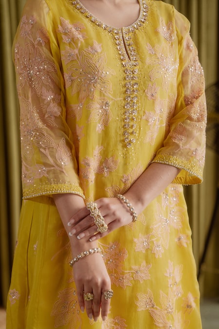 Buy_One Not Two_Yellow Viscose, Satin, Cotton Sequins, Floral Embroidered Mango Anarkali Set 