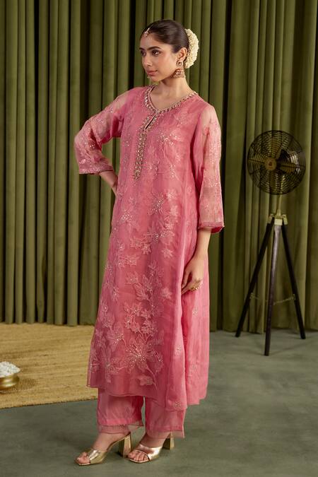 One Not Two_Pink Organza, Viscose, Satin Sequins, Floral Embroidered Anarkali Kurta Set _Online_at_Aza_Fashions